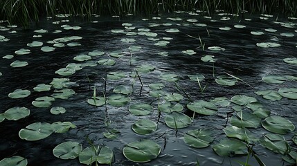 CloseUp View of Lush Green Lily Pads Floating on a Tranquil Water Surface : Generative AI