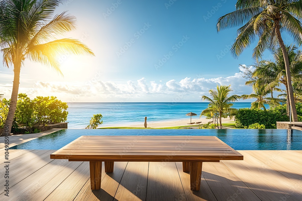 Poster tranquil beachside lounge with panoramic ocean view under a bright sunny day ideal for relaxation : 