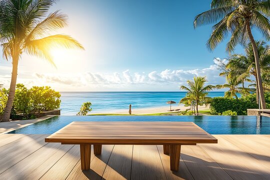 Tranquil beachside lounge with panoramic ocean view under a bright sunny day ideal for relaxation : Generative AI