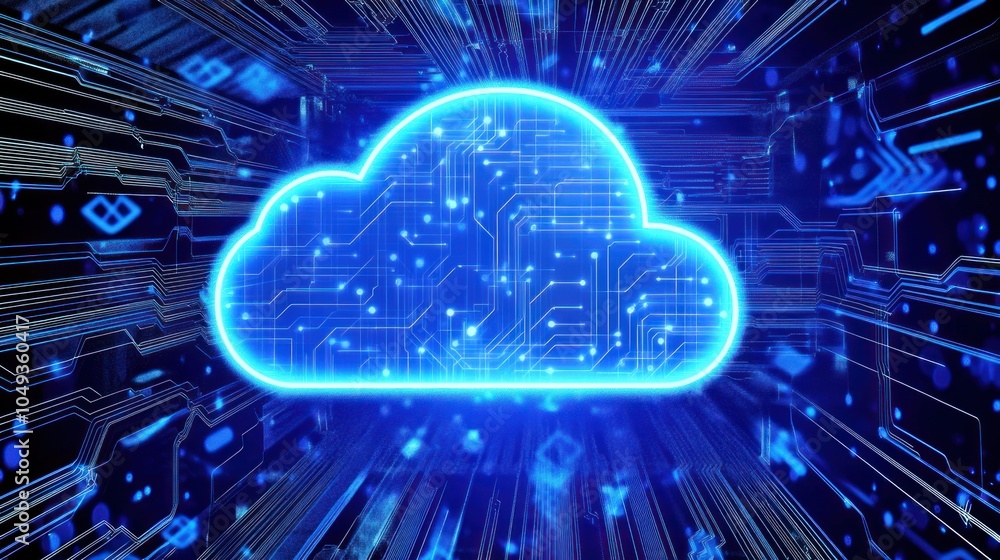 Poster a glowing cloud symbol surrounded by digital circuits, representing cloud computing technology.