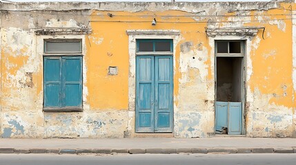 Fototapeta premium Abandoned Building with Weathered Yellow Walls and Blue Doors : Generative AI