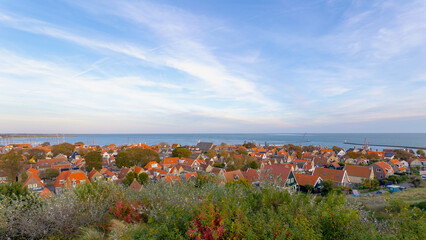 Viewpoint view with small town villages in West-Terschelling with habor, The Dutch Wadden Sea...