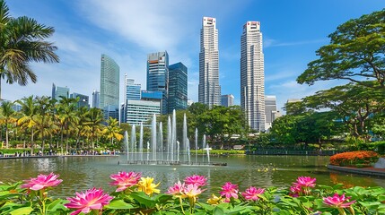 Fototapeta premium Vibrant City Park with Lotus Flowers and Fountain under Blue Sky and Modern Skyscrapers : Generative AI