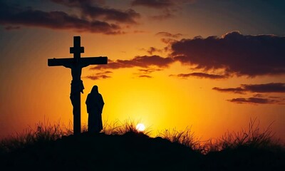 Silhouette of Jesus with Cross over calvary sunset concept for religion, worship, Christmas, Good Friday, Easter, Jesus he is risen, Thanksgiving prayer and praise, resurrection sunday  