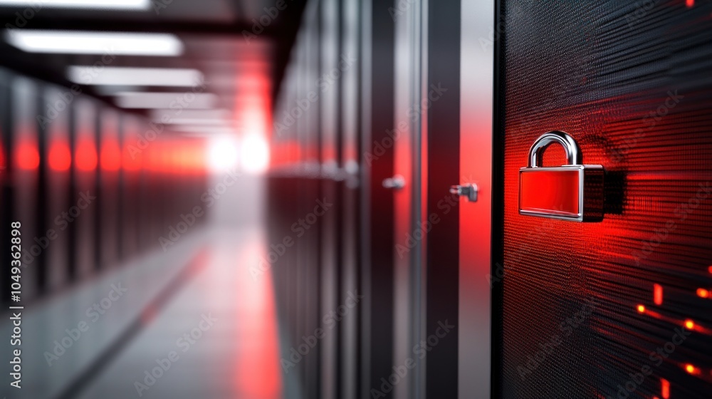 Poster a secure server room with a padlock, symbolizing data protection and cybersecurity.