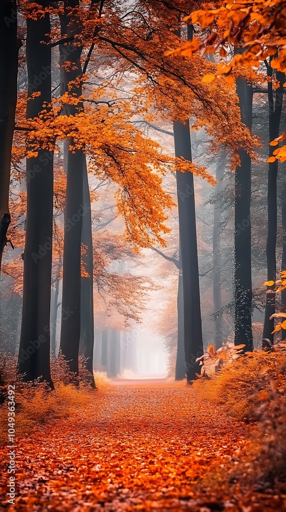 Poster misty fall forest path with autumnal colors and tall towering trees : generative ai