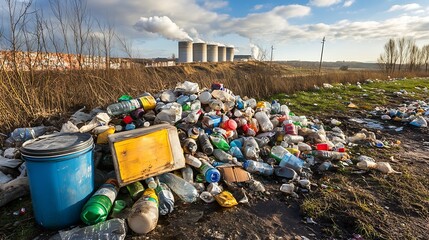 Fototapeta premium Industrial Pollution Landscape with Waste and Smoke Against Scenic Horizon : Generative AI
