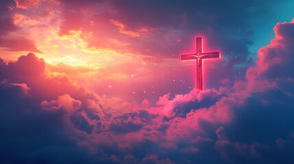 Naklejka premium A serene religious background featuring a glowing Holy Cross set against a sky with gentle clouds. The Christian cross symbolizes the crucifixion of Jesus Christ