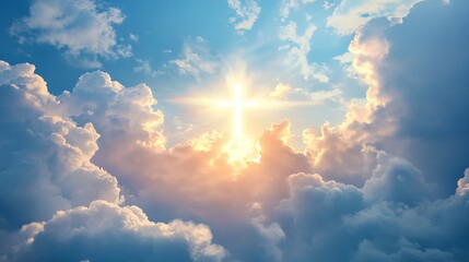 A serene image of a bright Christian cross appearing in the sky, surrounded by soft, fluffy white clouds and beautiful, gentle colors. Radiant light shines from the cross, symbolizing hope, love