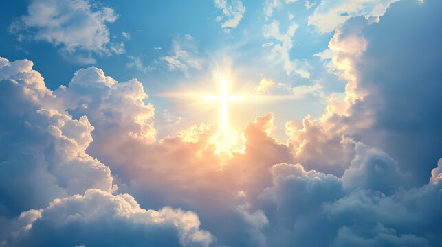 A serene image of a bright Christian cross appearing in the sky, surrounded by soft, fluffy white clouds and beautiful, gentle colors. Radiant light shines from the cross, symbolizing hope, love