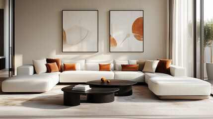 Minimalist interior design of modern living room with large sectional sofa and abstract wall art
