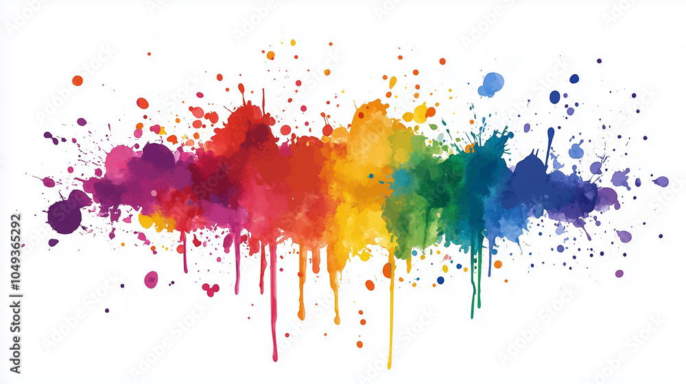 Poster bright splashes of paint in rainbow colors create dynamic patterns on a white canvas, showcasing abs