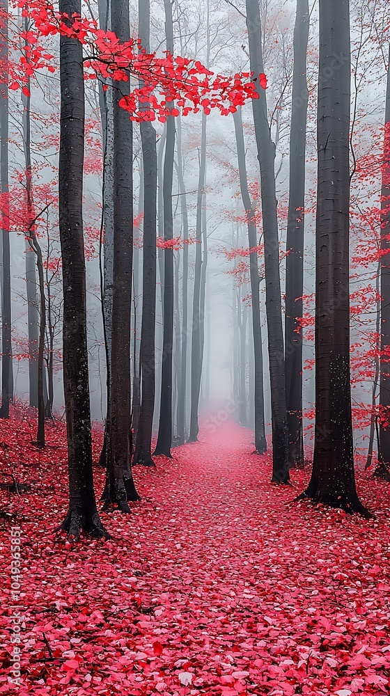 Aufkleber enchanting misty forest path with lush red leaves and tall blackwood trees : generative ai