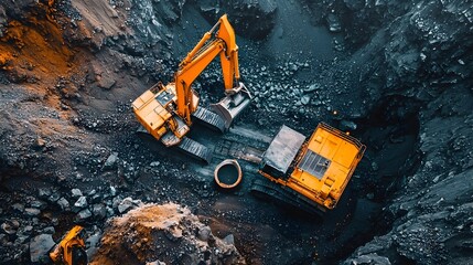 Industrial mining excavator machine extracting and loading zinc ore deposits from an underground quarry or mine site  Heavy construction equipment working in a rugged