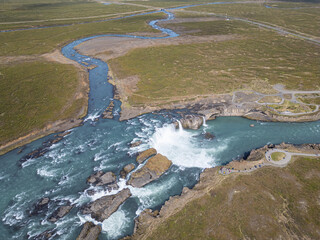 aerial landscape of Waterfall Godafoss in north Iceland