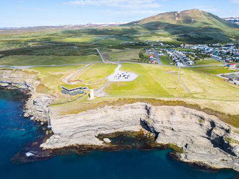 Aerial view of the town of Husavik in north Iceland
