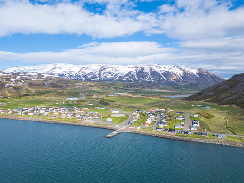 Aerial view of village of Grenivik in Eyjafjordur in north Iceland