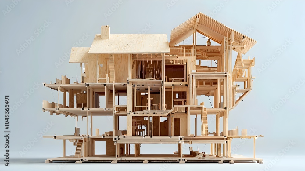 Aufkleber Innovative 3D render of a modern house design featuring plywood panels incorporated into the architectural structure creating geometric patterns and a minimalist contemporary aesthetic