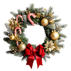 Festive Christmas Wreath with Gold Ornaments and Candy Canes on Transparent Background

