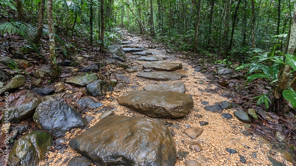 Poster wet stone pathway in lush tropical rainforest surrounded by dense vegetation : generative ai