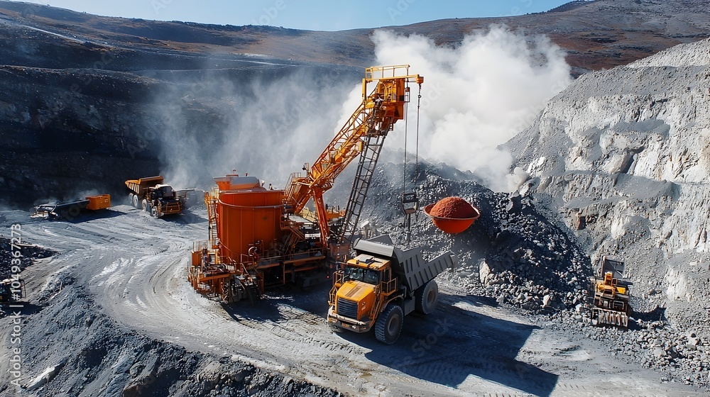 Aufkleber massive mining excavators bulldozers and dump trucks extracting zinc ore from an open pit quarry sit