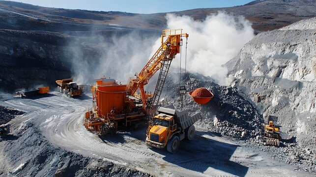 Massive mining excavators bulldozers and dump trucks extracting zinc ore from an open pit quarry site in a harsh rugged landscape