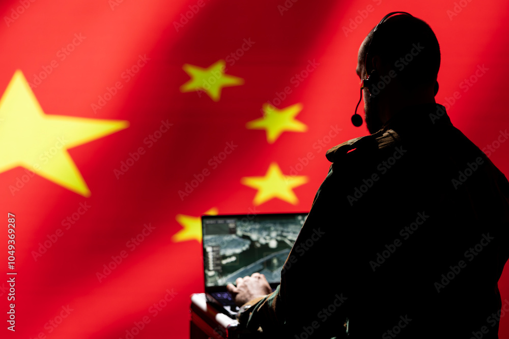 Poster chinese air defense operator using radar system on laptop to detect intercontinental ballistic missi