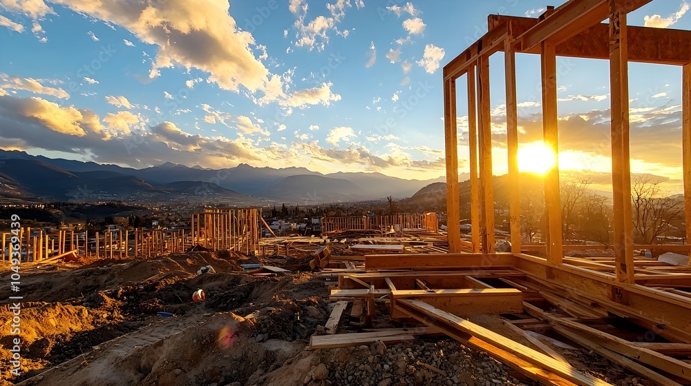 Poster plywood frameworks and lumber used in the construction of a building structure at a development site