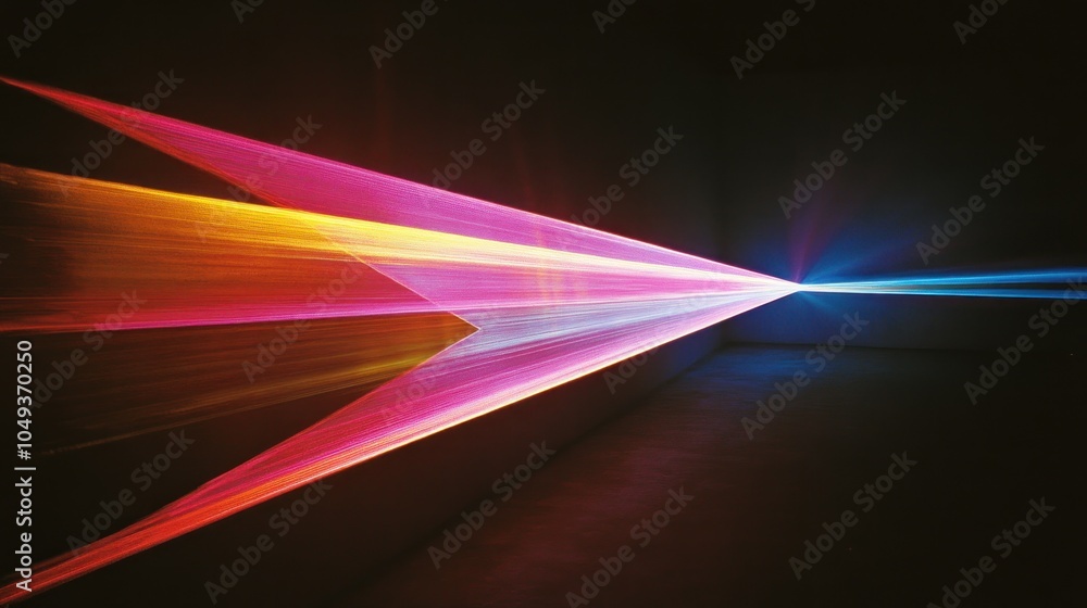 Poster a vibrant display of colored light beams creating an artistic visual effect in a dark space.
