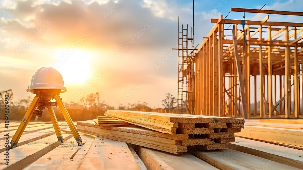 Aufkleber plywood used in the construction of building frameworks with scaffolding at a residential or commerc