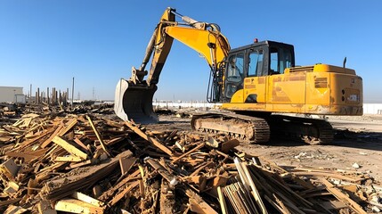 Fototapeta premium Powerful yellow excavator machine collecting and gathering piled up scrap wood timber and lumber debris at a recycling and waste disposal center yard