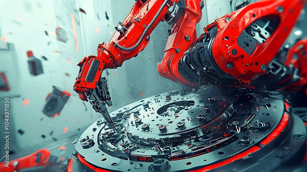 Poster robotic industrial automation system assembling zinc coated automotive metal parts with precision an