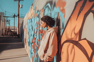 Fototapeta premium Hoodie Mockup - A young woman stands against a vibrant graffiti wall, reflecting in an urban setting.