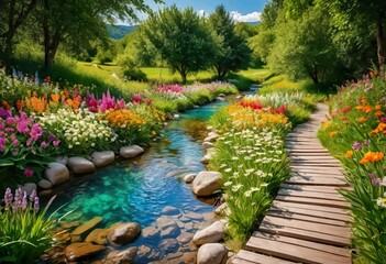 Obraz premium Beautiful and Peaceful Nature Scenery Illustration Landscape Countryside Tranquil Vibrant and Colorful