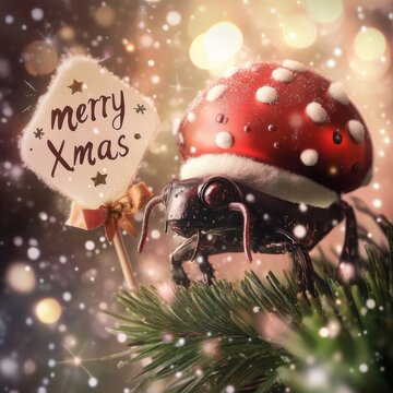 Bug wearing Santa hat with Christmas sign indoors