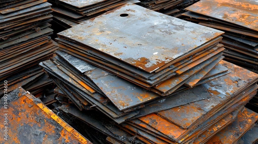 Poster stacks of weathered galvanized zinc metal sheets piled at an industrial construction or manufacturin