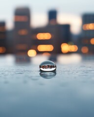 Close-Up of Water Droplet on Surface with City Background