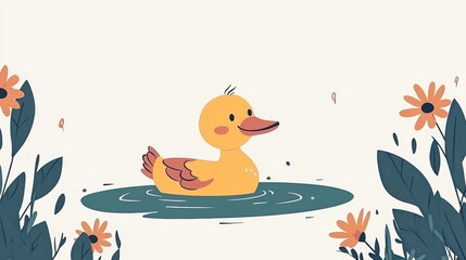 Obraz premium Cute Yellow Duckling Swimming in Pond with Flowers Illustration