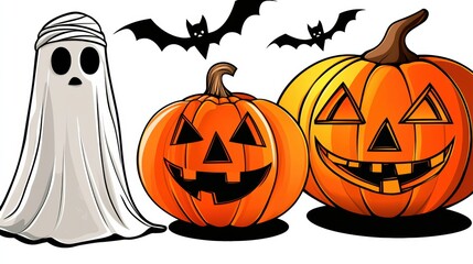 Spooky Halloween Ghost and Pumpkins Illustration