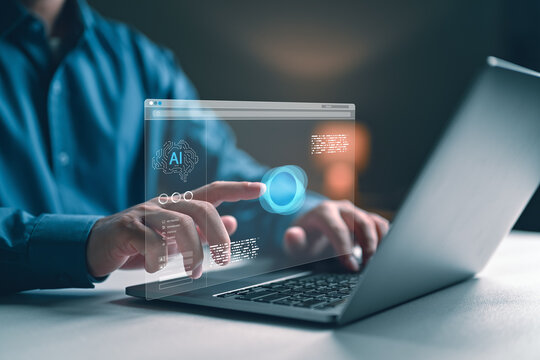 Chatbot Chat with AI, Artificial Intelligence. man using technology smart robot AI, artificial intelligence by enter command prompt for generates something, Futuristic technology transformation.