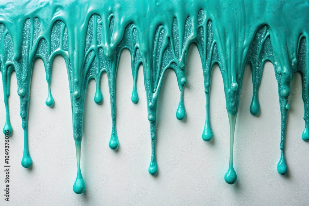 Poster a collection of dripping turquoise slime on a plain white surface, forming intricate patterns and sh