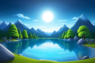 Naklejka premium Beautiful and Peaceful Nature Scenery Illustration Landscape Countryside Tranquil Vibrant and Colorful