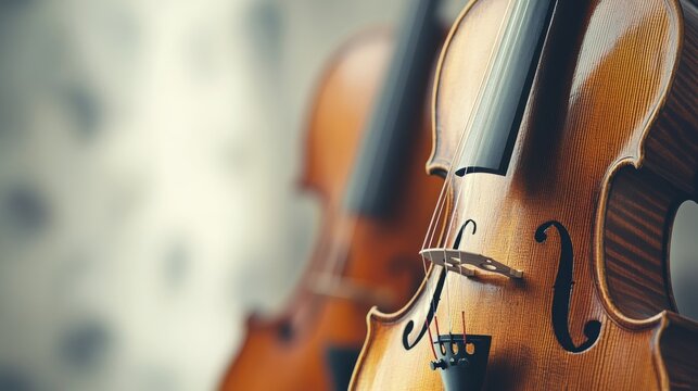 Close up of two polished violins resting on a tabletop