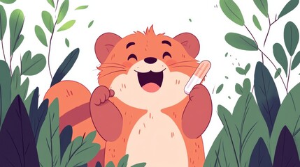 Cute Cartoon Red Panda Holding Capsule In Forest Illustration