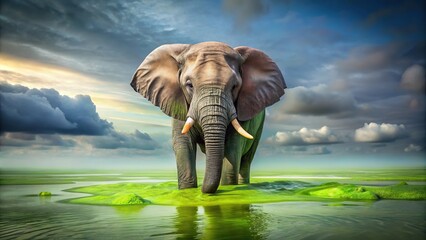 Fototapeta premium A lone pachyderm's tusks slowly sink into a murky pool of slime as it wallows in the warm and fetid waters, primal instinct, ivory, dripping slime, pachyderm