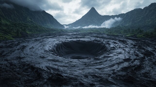 A large hole in the ground with a mountain in the background