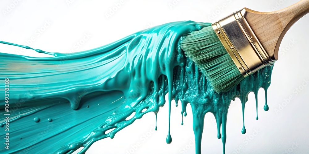 Poster a turquoise pigment mixture being poured onto a canvas, creating a drippy effect with the brush stro
