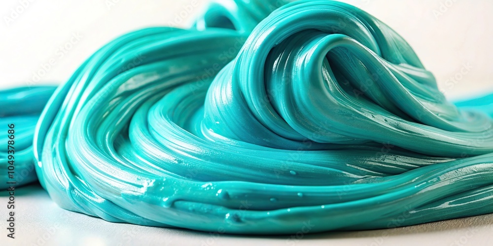 Poster close-up of turquoise slime being stretched and molded into a unique shape, creative process, gooey 