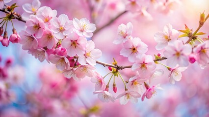 Naklejka premium Delicate cherry blossoms in full bloom against a soft pink background with gentle petal folds, pastel colors, floral arrangements, tree branches