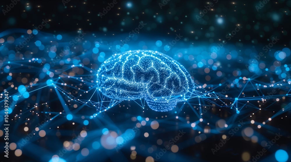 Poster a digital brain made of glowing blue lines and dots, surrounded by an array of interconnected nodes 